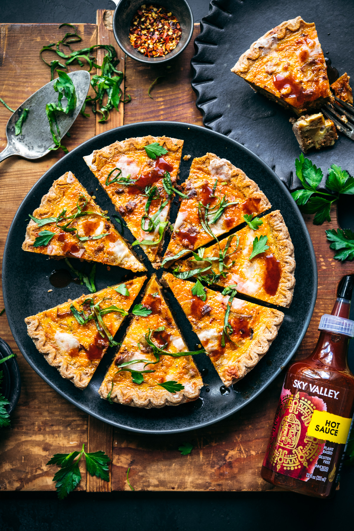 Spicy Chorizo and Potato Quiche with Sky Valley Hot Sauce