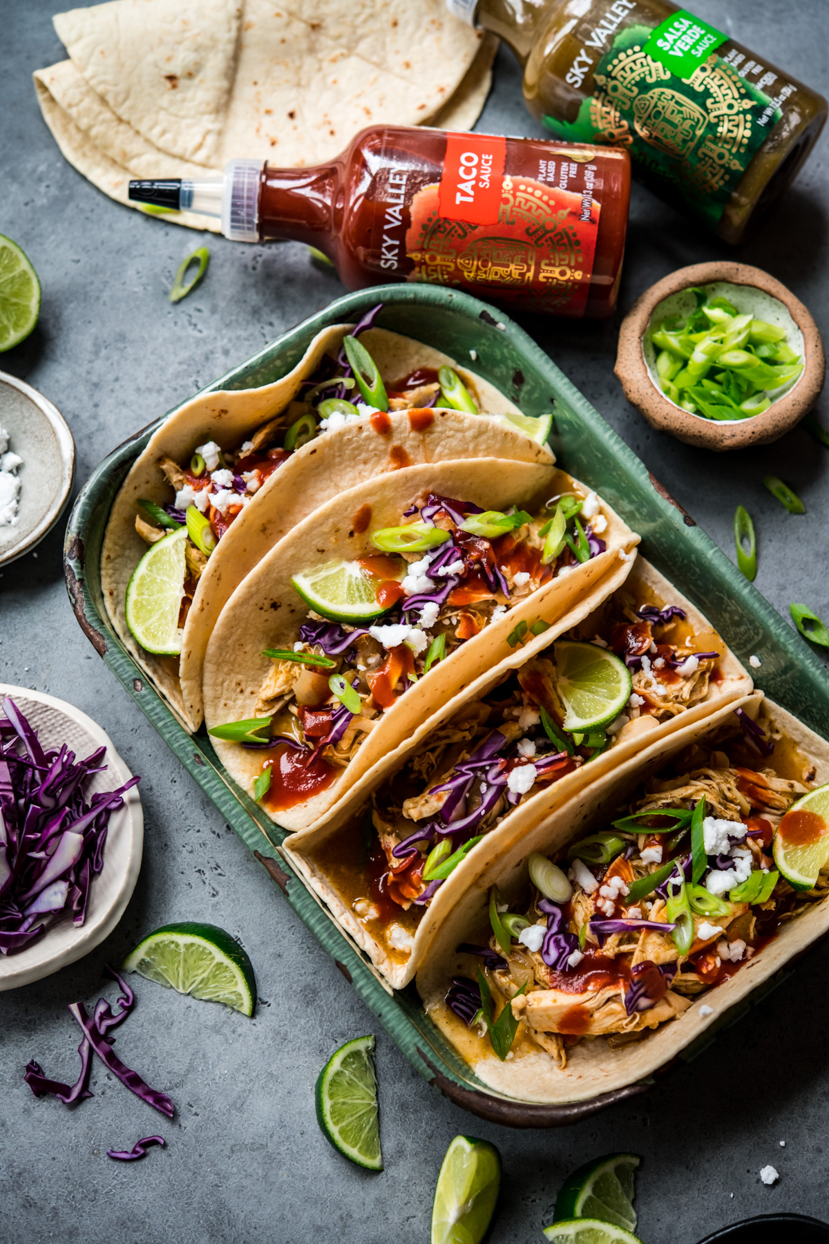 Sky Valley Taco Sauce and Salsa Verde Chicken Tacos