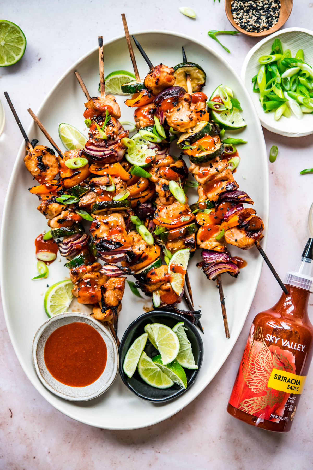 Honey Lime Sriracha Chicken Kebabs with Sky Valley Sriracha Sauce