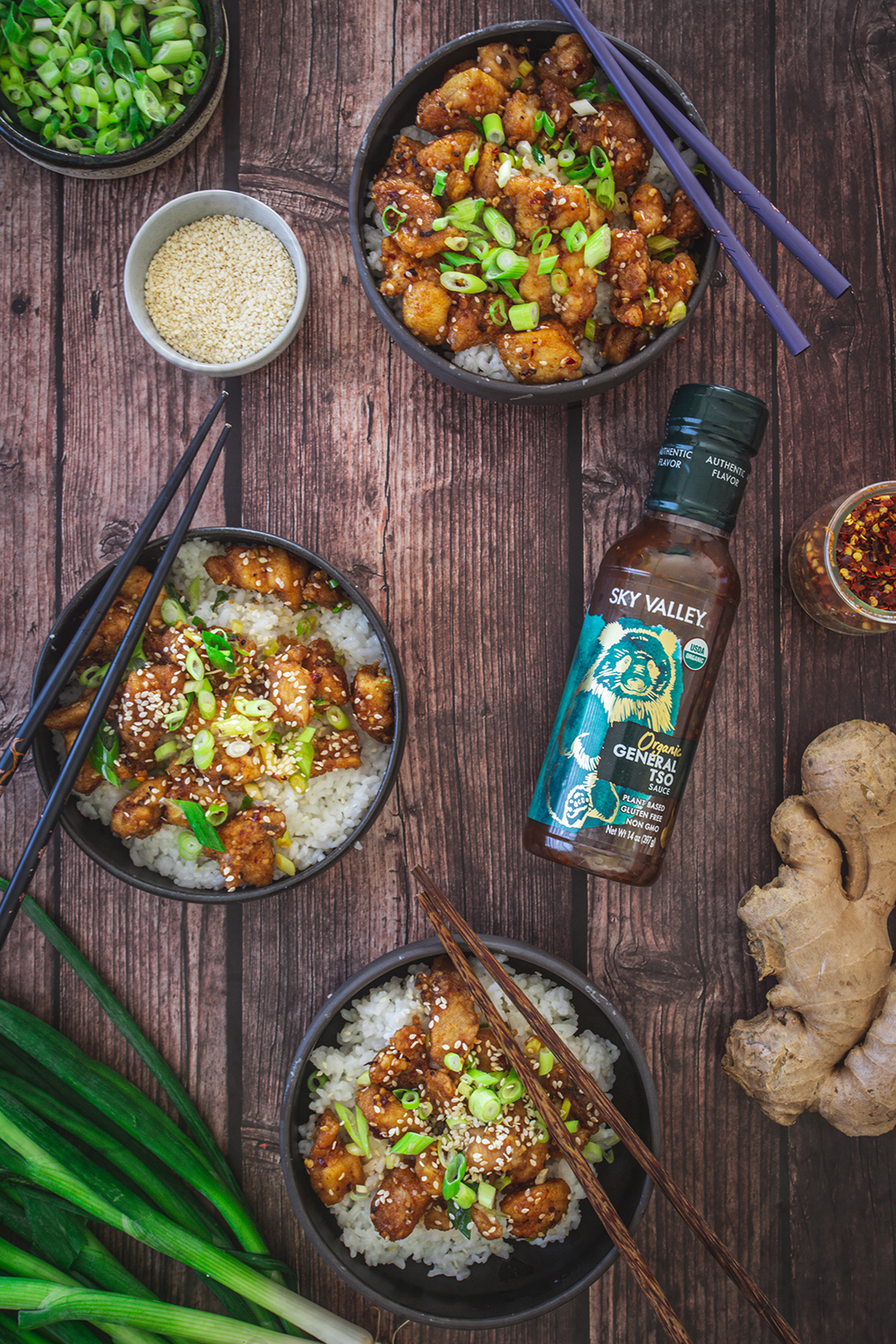 Big bowls of General Tso Chicken with Sky Valley General Tso Sauce