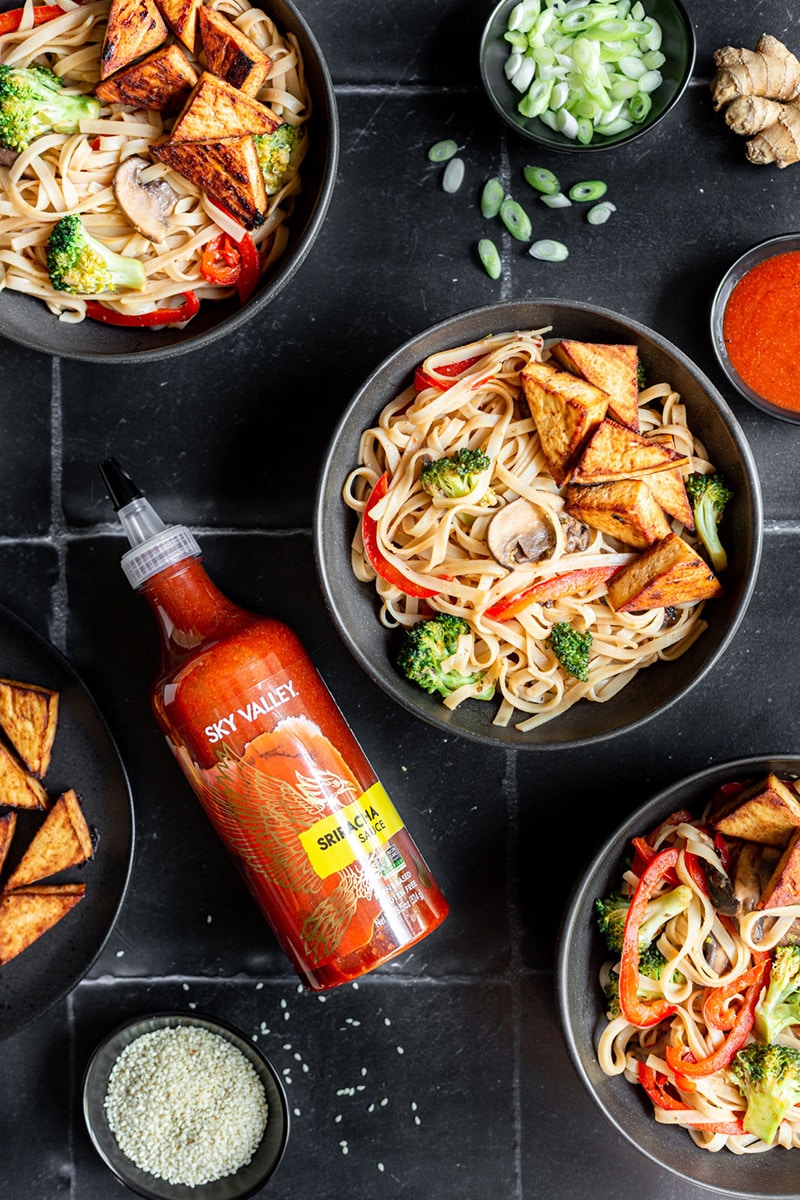 Vegan Sriracha Tofu & Rice Noodle Bowl with spicy Sky Valley Sriracha