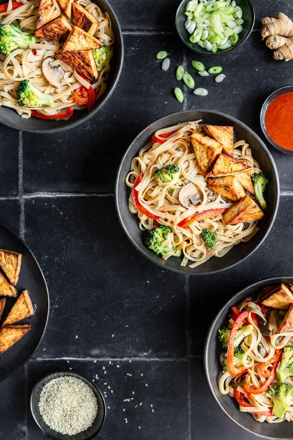 Vegan Sriracha Tofu & Rice Noodle Bowl with spicy Sky Valley Sriracha