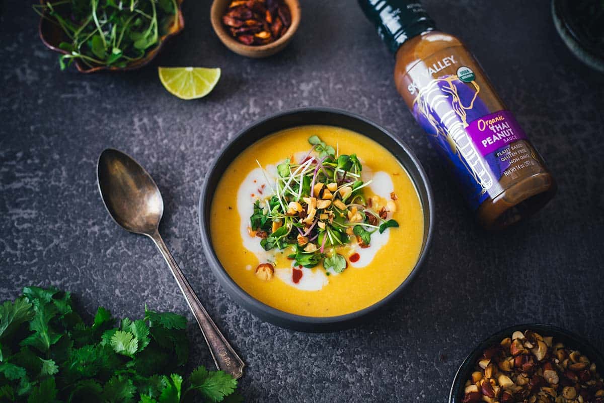 Thai Butternut Squash Soup with Sky Valley organic Thai Peanut Sauce