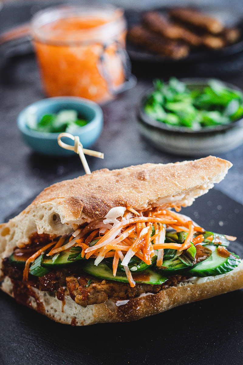 Vietnamese Vegan Banh Mi with Marinated Tempeh and Pickled Vegetables