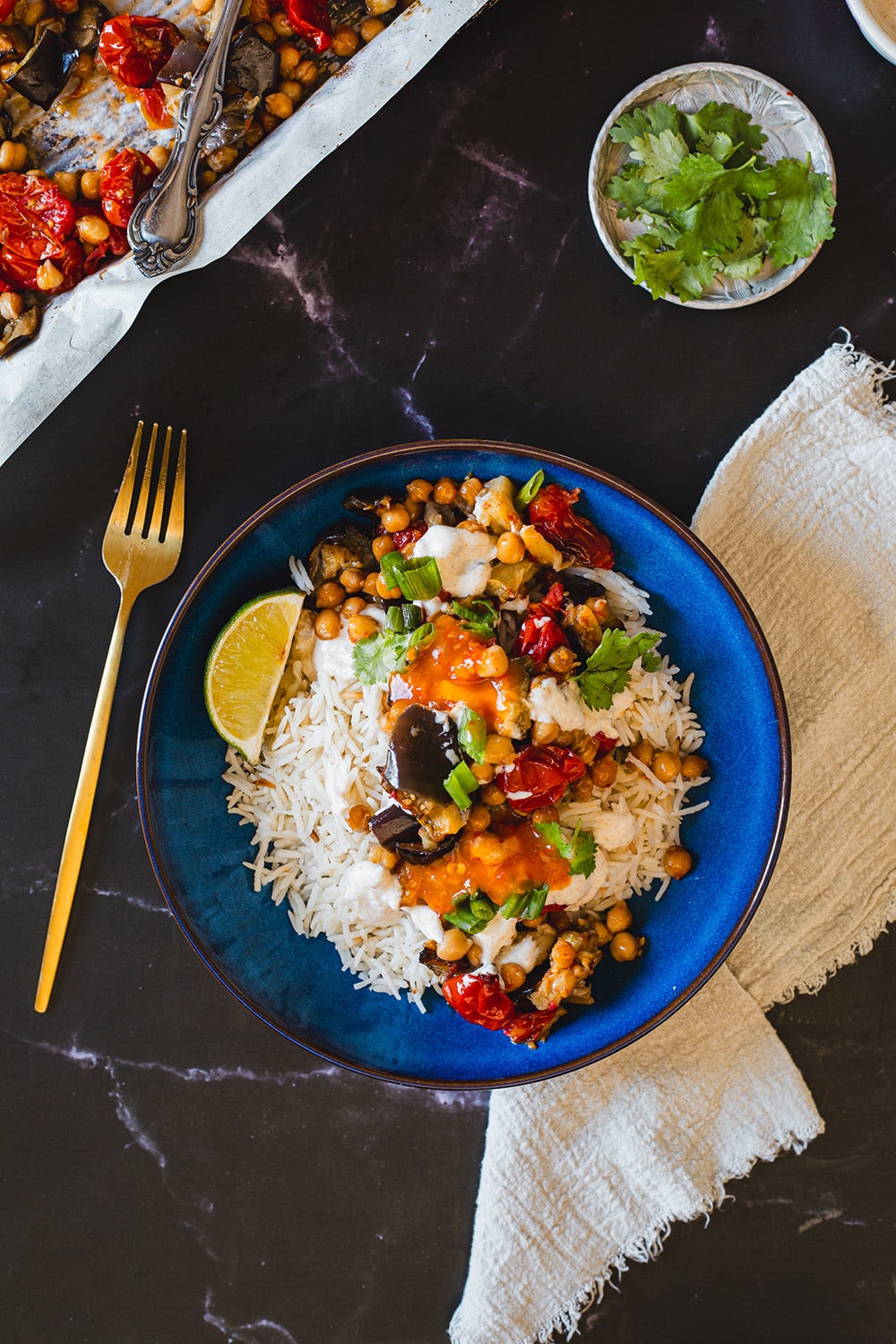 Eggplant and Chickpea Rice Bowl Recipe with Sky Valley Sambal Oelek chili paste
