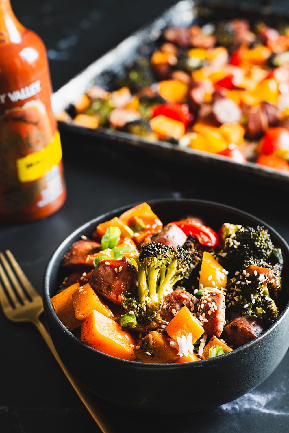 Sausage and Veggie Rice Bowl Recipe with Sky Valley Red Sriracha